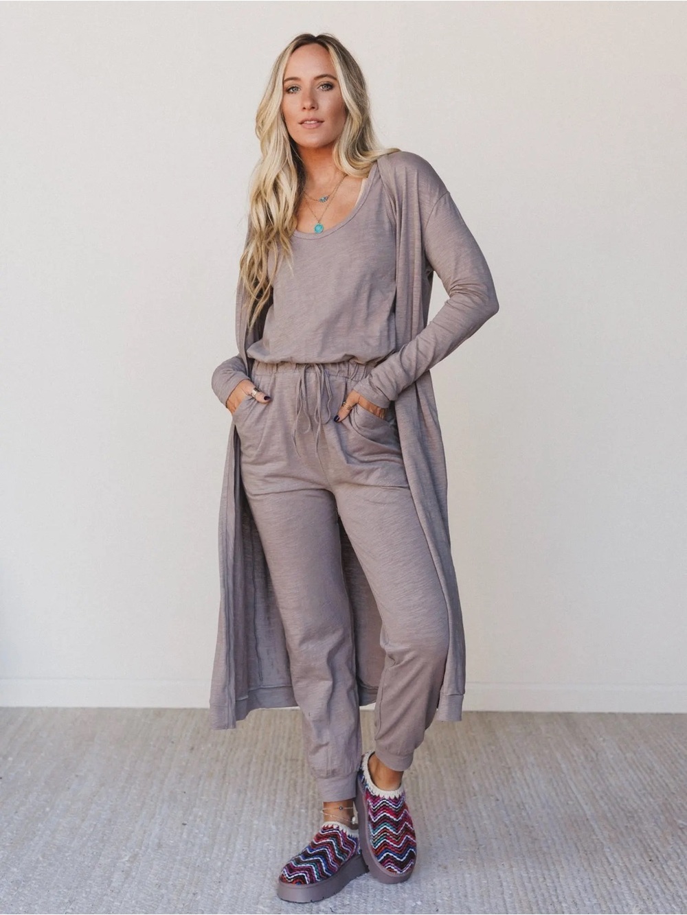 Three Bird Nest Taupe Lounge Set with Long Cardigan